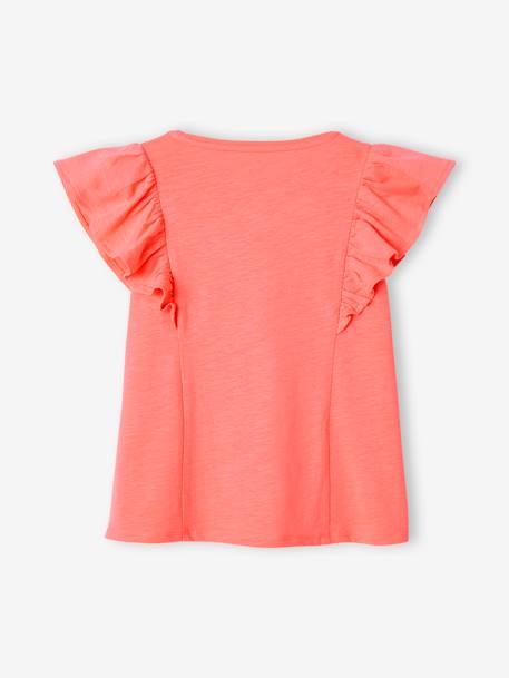 T-shirt com folhos, para menina coral+pêssego+verde-salva 