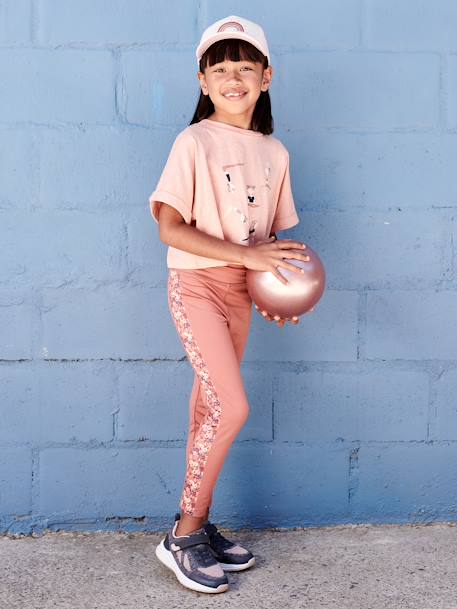 Leggings de desporto, em matéria técnica, barra dos lados com estampado às flores, para menina terracota 