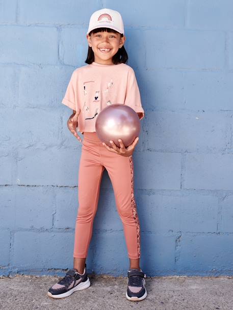 Leggings de desporto, em matéria técnica, barra dos lados com estampado às flores, para menina terracota 