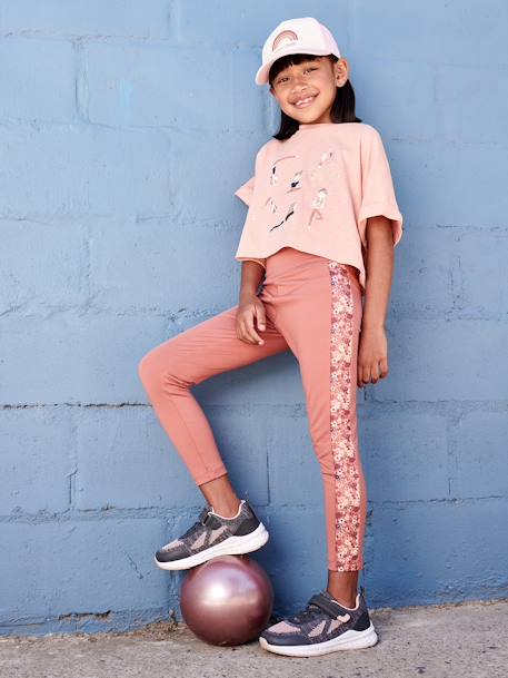 Leggings de desporto, em matéria técnica, barra dos lados com estampado às flores, para menina terracota 