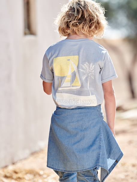 T-shirt com barco grande atrás, para menino azul-céu 