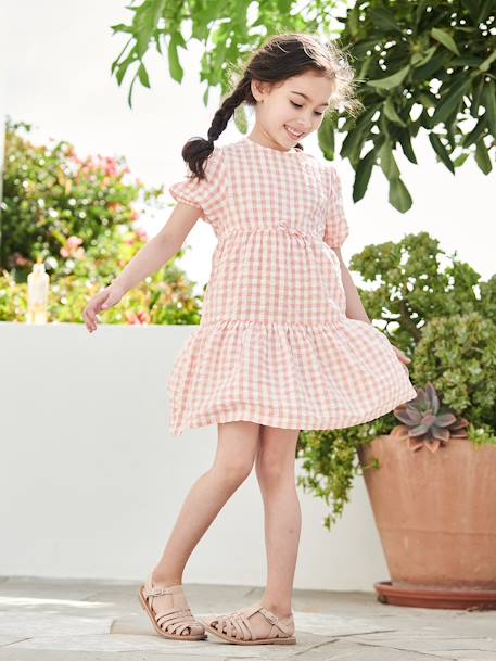 Vestido com folho, mangas 3/4, para menina coral+cru 