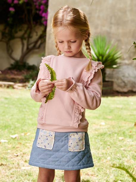 Saia de ganga acolchoada, bolsos estampados às flores, para menina double stone 