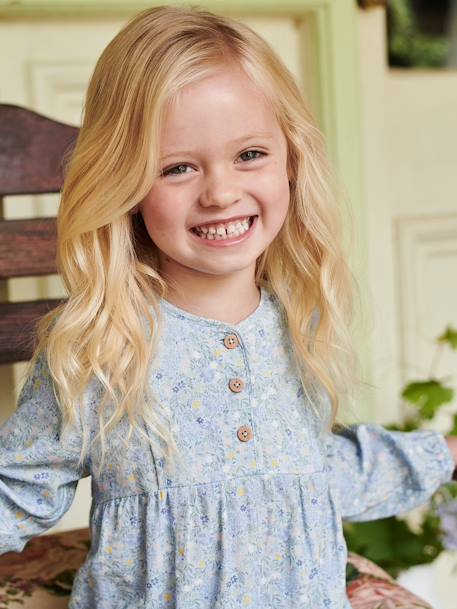 Vestido com folhos, às flores, detalhe fantasia acolchoado, para menina azul-céu 