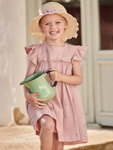 Vestido com flores bordadas, em gaze de algodão, para menina amarelo-pastel+azul-pálido+baunilha+rosado 