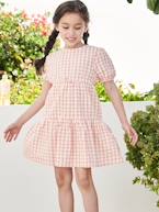 Vestido com folho, mangas 3/4, para menina coral+cru 