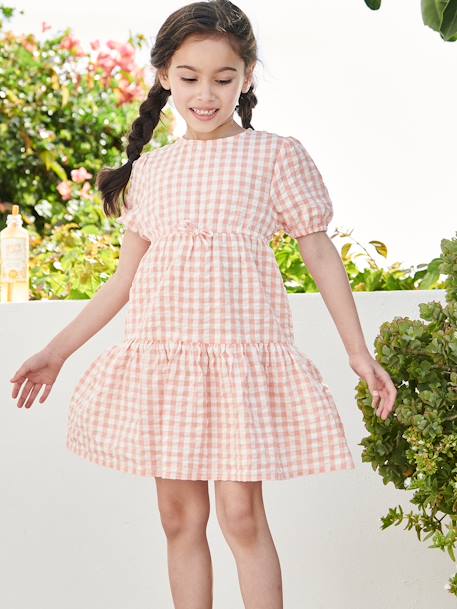 Vestido com folho, mangas 3/4, para menina coral+cru 