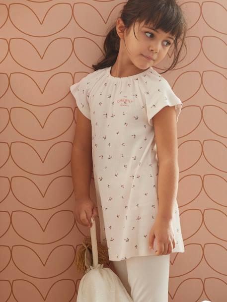 Camisa de dormir cerejas, em malha canelada + leggings lisas, para menina rosa-nude 