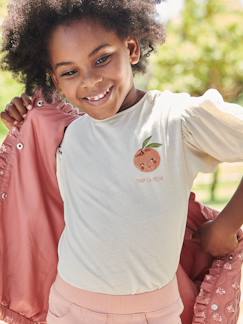 -T-shirt com mangas balão, fruto no peito, para menina