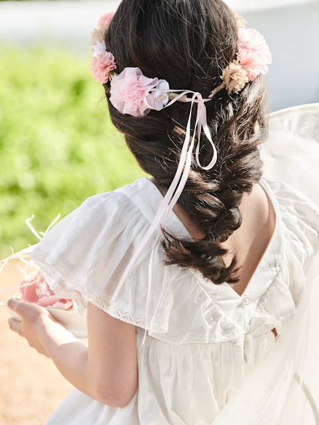 Vestido de cerimónia, detalhes em bordado inglês, para menina cru 