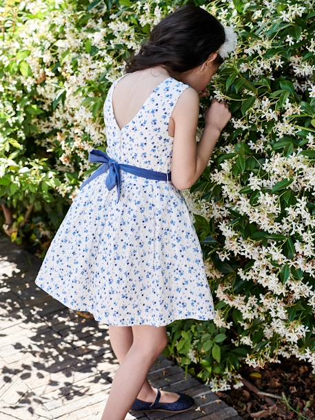 Vestido de cerimónia com flores e ponto cheio, cinto para atar atrás, para menina cru 