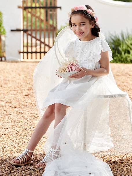 Vestido de cerimónia, detalhes em bordado inglês, para menina cru 