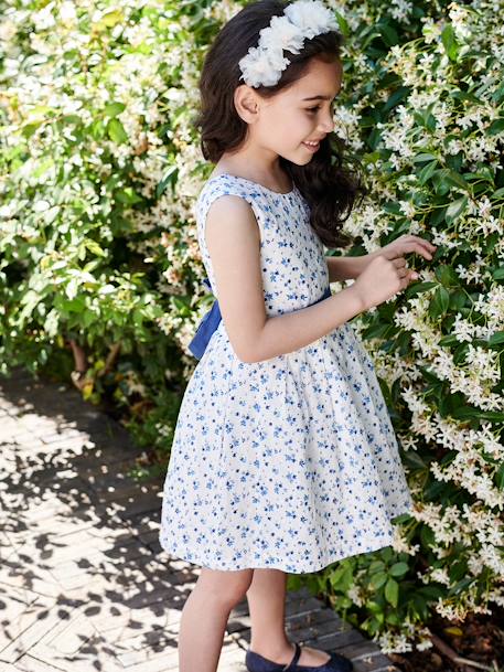 Vestido de cerimónia com flores e ponto cheio, cinto para atar atrás, para menina cru 