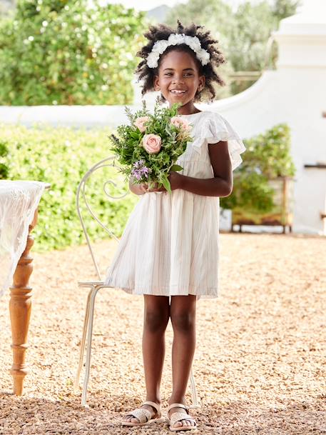 Vestido de cerimónia, às riscas, fio brilhante, para menina cru 