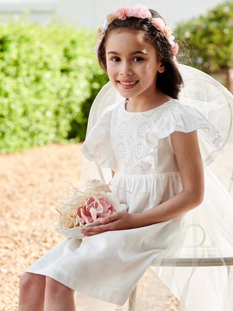 Vestido de cerimónia, detalhes em bordado inglês, para menina cru 