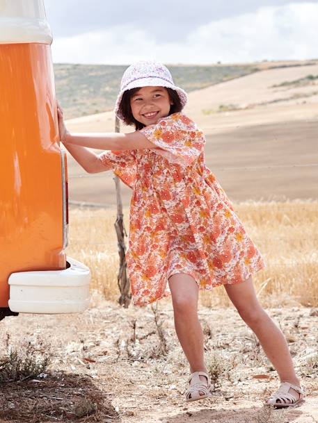 Vestido aos favos, estampado às flores, para menina rosa-nude 