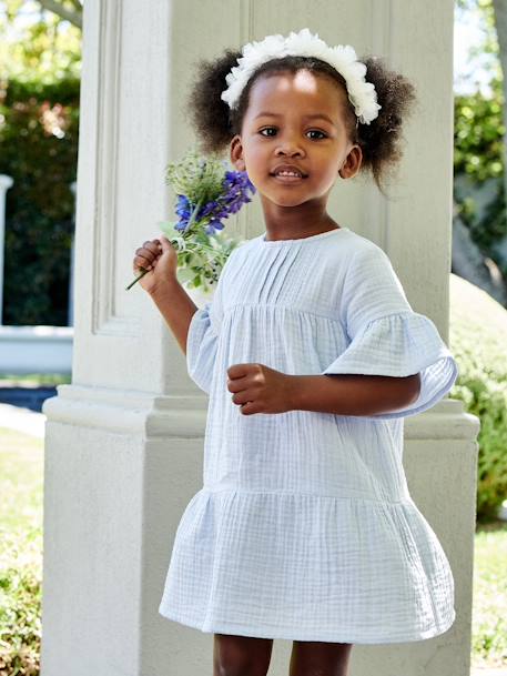 Vestido em gaze de algodão, para menina alperce-rosado+azul-céu 