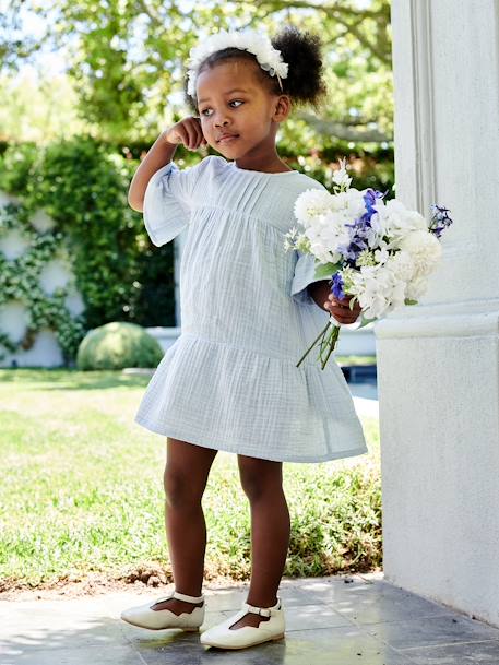 Vestido em gaze de algodão, para menina alperce-rosado+azul-céu 