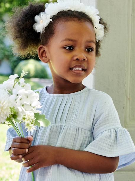 Vestido em gaze de algodão, para menina alperce-rosado+azul-céu 