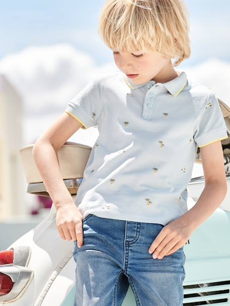 Polo estampado, em malha piqué, para menino azul estampado+cru 