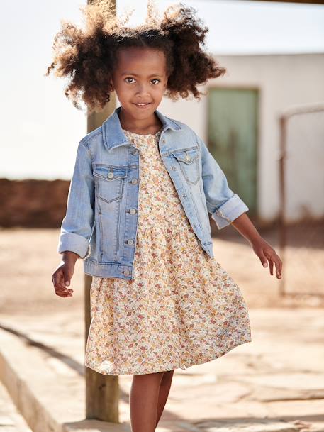 Vestido às flores com botões, para menina azul+azul-azure+cru+marinho 