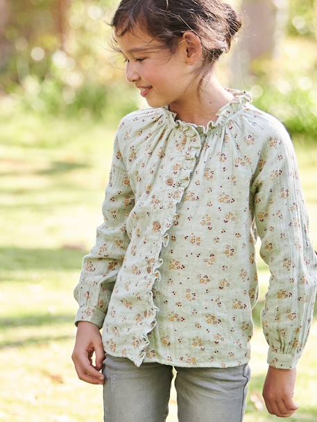 Blusa estampada com folhos, para menina-Menina 2-14 anos-Vertbaudet