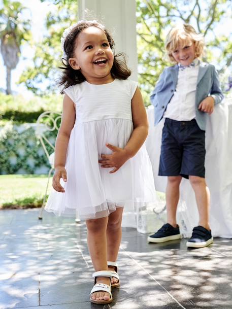 Vestido de cerimónia com tule, para bebé BRANCO CLARO LISO 