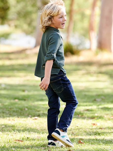Jeans direitos morfológicos 'waterless', medida das ancas ESTREITA, para menino AZUL ESCURO DESBOTADO+AZUL ESCURO LISO 