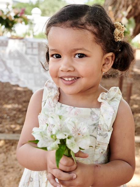 Vestido às flores, em gaze de algodão, para bebé cru 