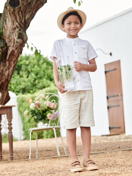 Bermudas para menino em algodão/linho. azul+AZUL ESCURO LISO COM MOTIVO+BEGE CLARO LISO COM MOTIVO+verde-salva 