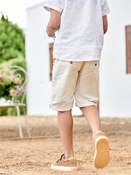 Bermudas para menino em algodão/linho. azul+AZUL ESCURO LISO COM MOTIVO+BEGE CLARO LISO COM MOTIVO+verde-salva 