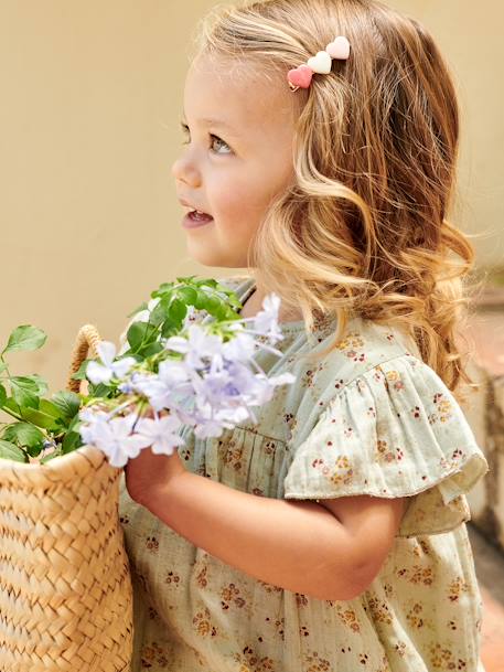 Vestido estampado com mangas borboleta, em gaze de algodão, para menina tomate+verde-água 