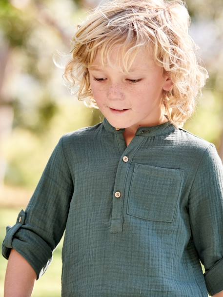 Camisa em gaze de algodão, mangas para dobrar, para menino AZUL MEDIO LISO+cru+verde 