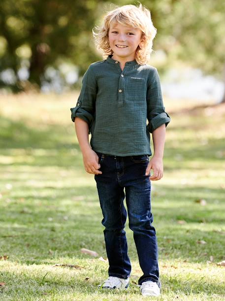 Camisa em gaze de algodão, mangas para dobrar, para menino AZUL MEDIO LISO+cru+verde 