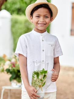 -Camisa de mangas curtas com gola mao, em algodão/linho, para menino