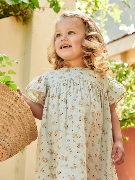 Vestido estampado com mangas borboleta, em gaze de algodão, para menina tomate+verde-água 