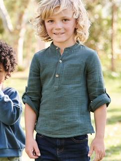 Menino 2-14 anos-Camisa em gaze de algodão, mangas para dobrar, para menino