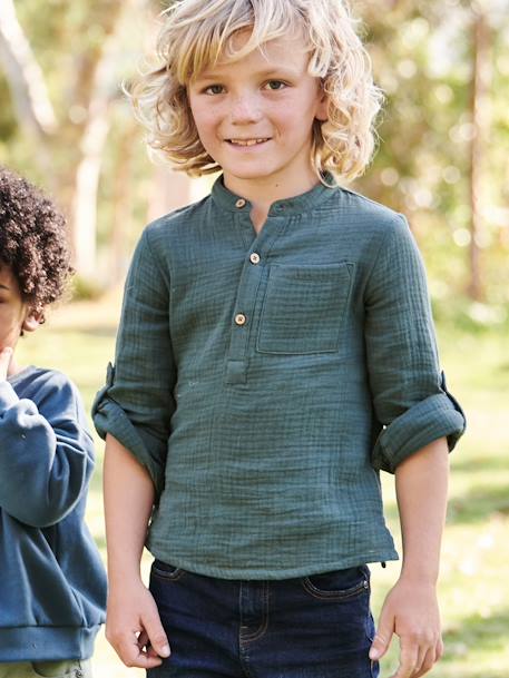 Camisa em gaze de algodão, mangas para dobrar, para menino AZUL MEDIO LISO+cru+verde 