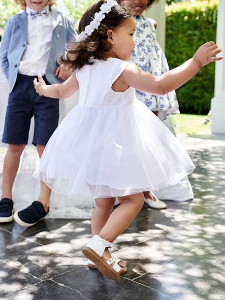 Vestido de cerimónia com tule, para bebé BRANCO CLARO LISO 