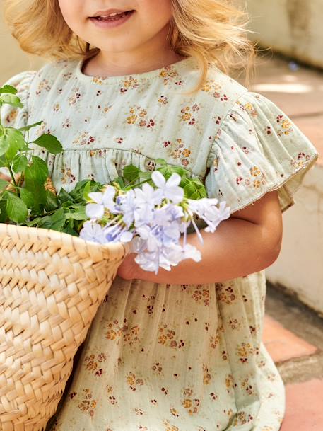 Vestido estampado com mangas borboleta, em gaze de algodão, para menina tomate+verde-água 