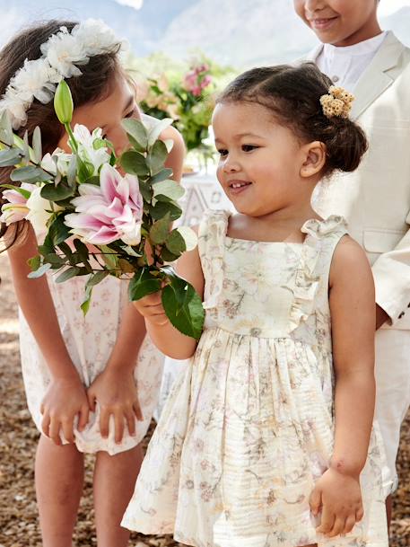 Vestido às flores, em gaze de algodão, para bebé cru 