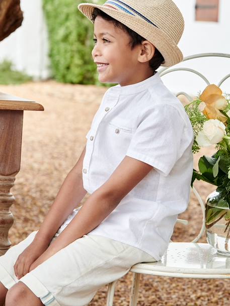 Camisa de mangas curtas com gola mao, em algodão/linho, para menino AZUL CLARO LISO+BRANCO CLARO LISO 