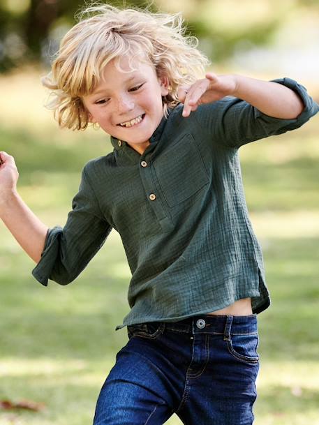 Camisa em gaze de algodão, mangas para dobrar, para menino AZUL MEDIO LISO+cru+verde 