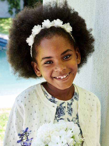 Fita para o cabelo entrançada com flores, em tule Branco 