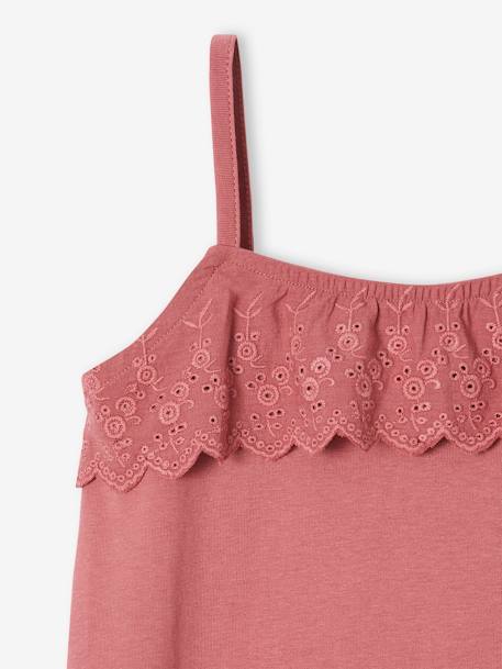 Top com folhos em bordado inglês, para menina BRANCO MEDIO LISO+rosa-velho 