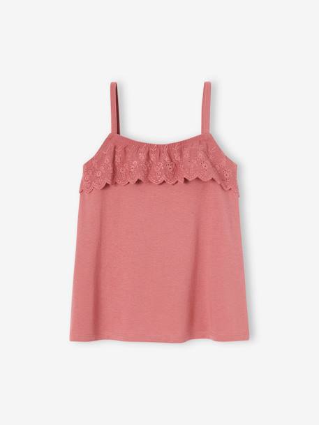 Top com folhos em bordado inglês, para menina BRANCO MEDIO LISO+rosa-velho 