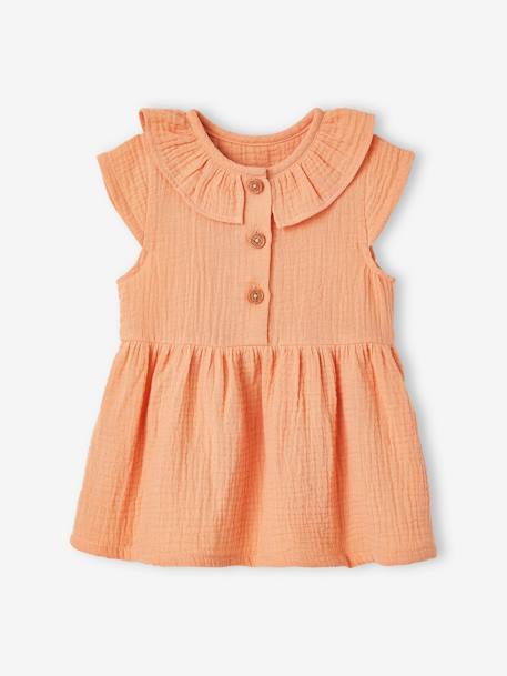 Vestido com gola larga, em gaze de algodão, para bebé laranja+verde 