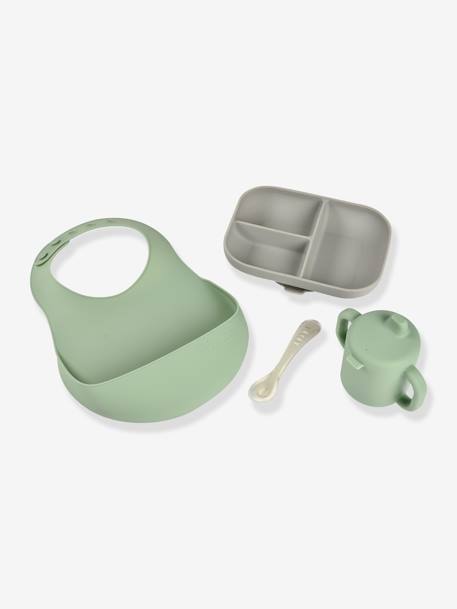 Conjunto de refeição de 4 peças, Les Essentiels da BEABA, em silicone verde-salva 