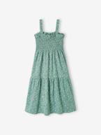 Vestido aos favos, com alças, para menina alperce+branco estampado+verde-esmeralda 