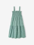 Vestido aos favos, com alças, para menina alperce+branco estampado+verde-esmeralda 